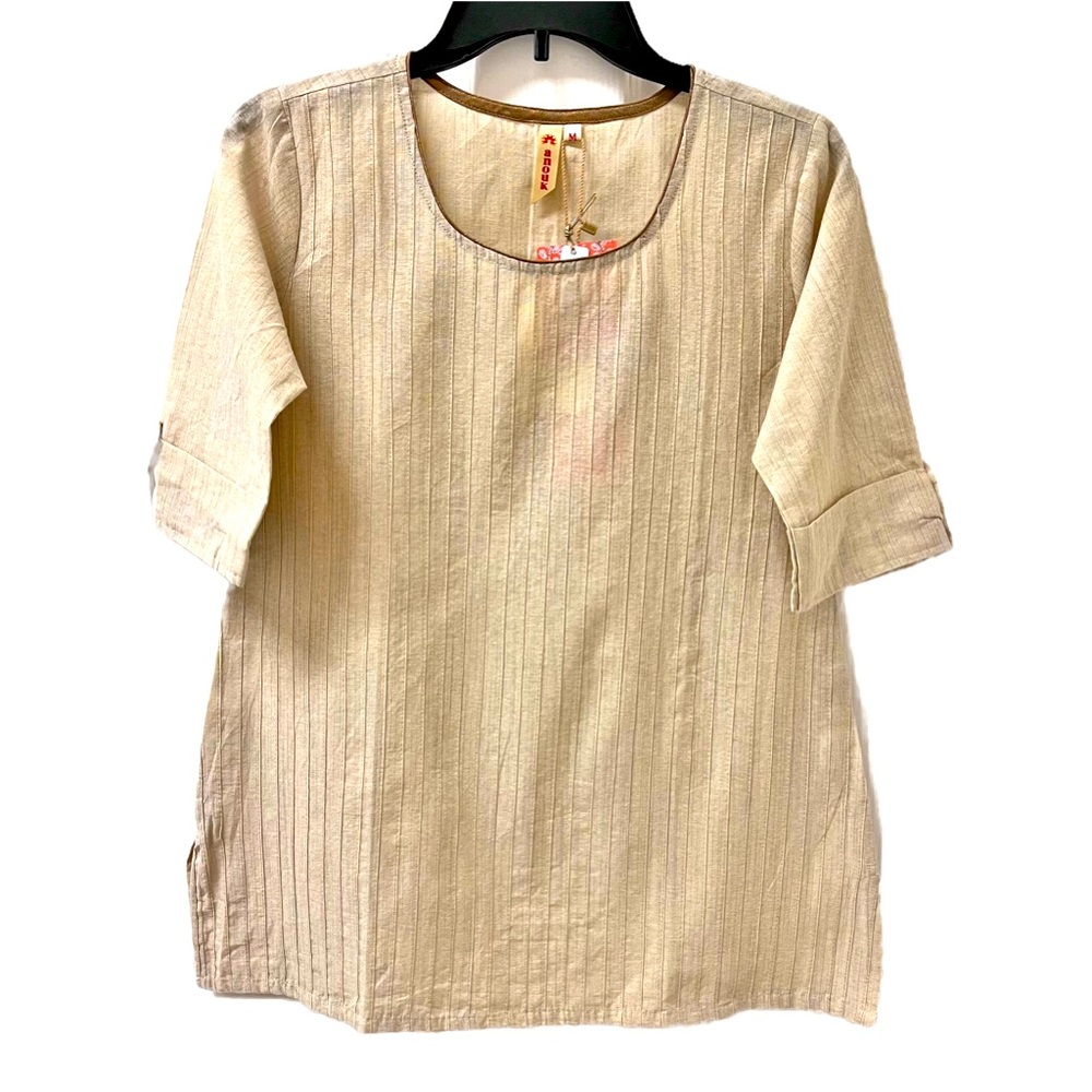 Anouk Pintex Kurta 3/4 Sleeve Tan W/Gold Collar Size Medium NWT
